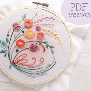 PDF download pattern floral Bouquet Stitch Sampler, Beginner Embroidery design, Stitch Reference, Learn Hand Embroidery