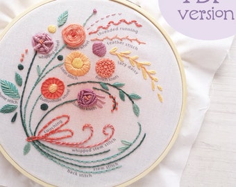 PDF download pattern floral Bouquet Stitch Sampler, Beginner Embroidery design, Stitch Reference, Learn Hand Embroidery