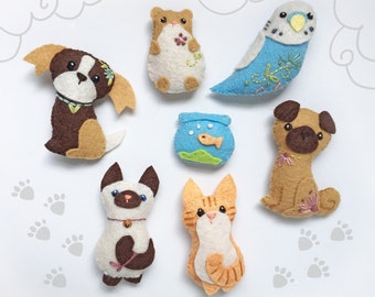 Customizable Felt Pets Plush Sewing Pattern, Dog, Cat, DIY ornaments (SVG, PDF)
