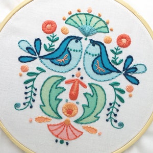 PDF Download Folk Art Bluebirds Hand Embroidery pattern, Beginner level Modern Hoop Art Design