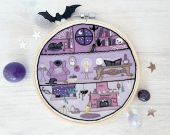 little magic house Hand Embroidery Sampler, Halloween Witch DIY Decoration
