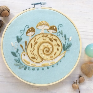 Snail and Mushrooms Embroidery sampler, printed Hand Embroidery Hoop Art Design, DIY Spring garden craft project