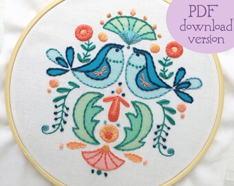 Folk Art Bluebirds Hand Embroidery pattern, PDF download, Beginner level Modern Hoop Art Design