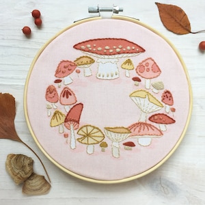 Mushroom Fairy Circle Hand Embroidery Sampler, Beginner embroidery pattern