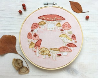 Mushroom Fairy Circle Hand Embroidery Sampler, Beginner embroidery pattern
