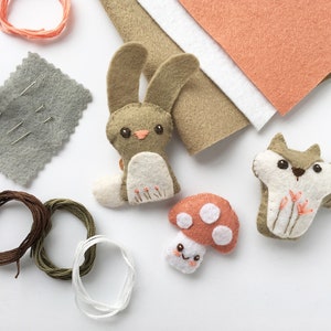 DIY Mini Felt Animals Sewing Kit, Make your own Woodland Bunny, Squirrel and Mushroom