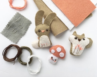 DIY Mini Felt Animals Sewing Kit, Make your own Woodland Bunny, Squirrel and Mushroom