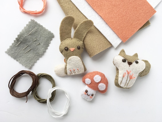 DIY Mini Felt Animals Sewing Kit, Make Your Own Woodland Bunny, Squirrel  and Mushroom 