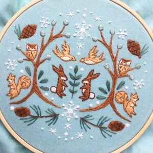 Winter Woodland Beginner Hand Embroidery color Sampler with printed fabric, Modern Embroidery Hoop Art image 9