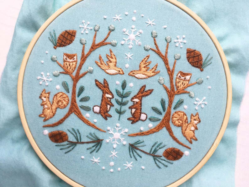 Winter Woodland Beginner Hand Embroidery color Sampler with printed fabric, Modern Embroidery Hoop Art image 9