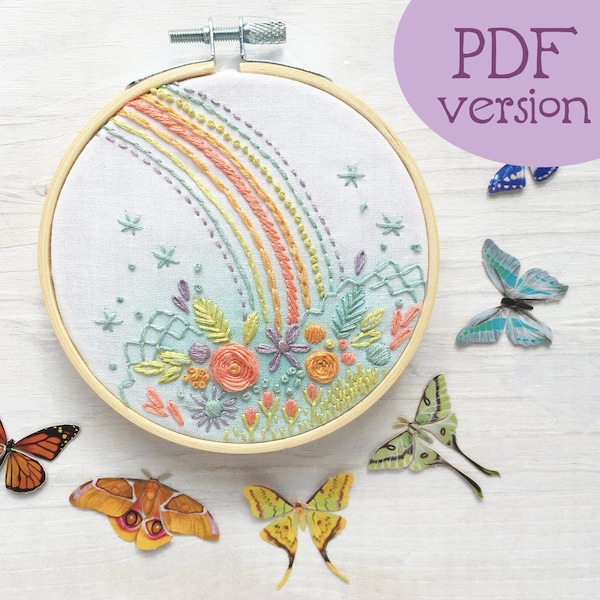 PDF download Rainbow Flower Hand Embroidery pattern, perfect for beginners, learn 15 basic stitches