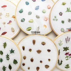 6 Tiny Collections embroidery patterns, mini Mushrooms, Succulents, Acorns, Crystals, Herbs and Leaves Patterns, Embroidery Hoop Art designs