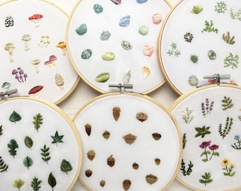 6 Tiny Collections embroidery patterns, mini Mushrooms, Succulents, Acorns, Crystals, Herbs and Leaves Patterns, Embroidery Hoop Art designs