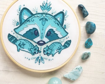 PDF download Blue Raccoon Hand Embroidery pattern, Beginner level Nature Decor Hoop Art Design