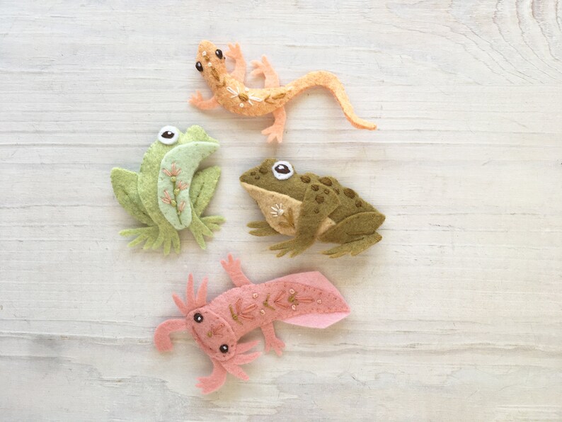 Pu&ograve; includere: Quattro giocattoli di animali in feltro: una rana verde, un rospo marrone, un axolotl rosa e una lucertola arancione. I giocattoli sono tutti ricamati con dettagli e hanno occhi cuciti.