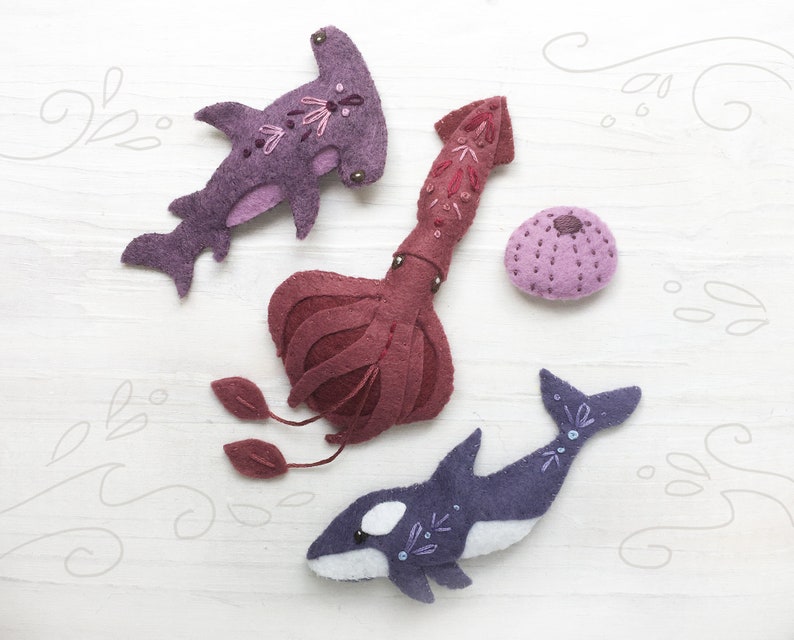 Sea Creatures Sewing pattern for 6 different Felt Animals, PDF, SVG Download, Shark, Whale, Squid image 3