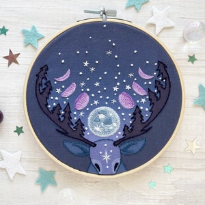 Deer Moon Phases Hand Embroidery Sampler, Celestial Decor Hoop Art Design