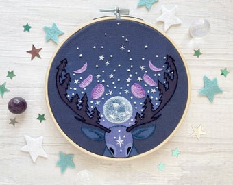 Deer Moon Phases Hand Embroidery Sampler, Celestial Decor Hoop Art Design