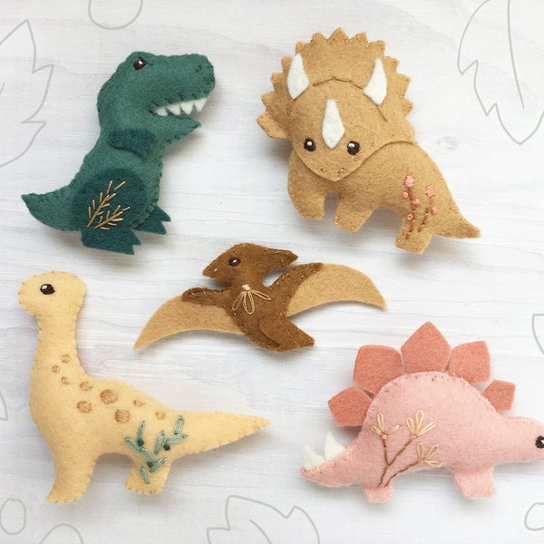 Dinosaur Felt Animals PDF pattern download, SVG file, Plush Sewing Pattern for Ornaments, Baby Mobile, Finger Puppets