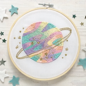 Planet Rainbow Hand Embroidery sampler, printed fabric needlework DIY