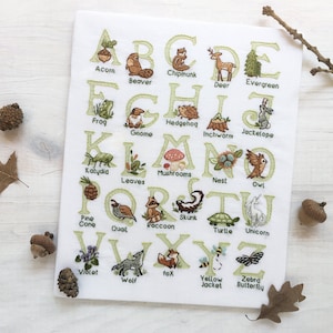 Woodland Animals Alphabet ABC hand embroidery fabric sampler