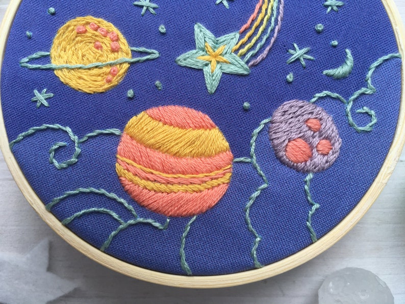 Planets and Stars Hand Embroidery 4 inch printed fabric Stitch Sampler, cosmic rainbow solar system, perfect for beginners zdjęcie 3