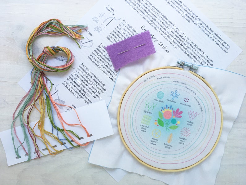 Stitch Sampler Full Kit Beginner Hand Embroidery design, printed Hand Embroidery pattern, DIY Sampler image 3