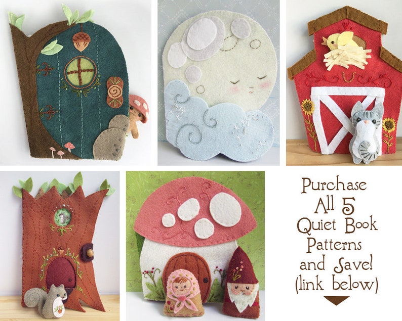 May include: A collection of handmade felt quiet book patterns. Designs include a treehouse, a moon with a face, a red barn, a treehouse, and a mushroom house. Each pattern features detailed stitching and whimsical characters, perfect for children's educational toys.
