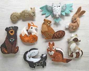 9 Feutres Animaux des bois patron de couture PDF, Peluches des forêts, téléchargement numérique