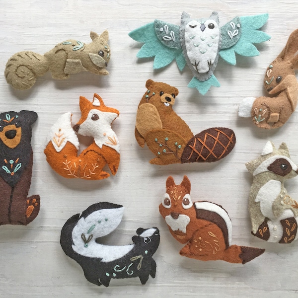 9 Felt Woodland animals sewing pattern PDF, Plush Woodland Creatures, digital download