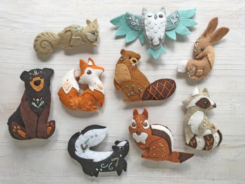 9 Feutres Animaux des bois patron de couture PDF, Peluches des forêts, téléchargement numérique image 1