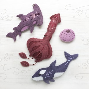 Sea Creatures Felt Animals Plush Sewing Pattern, PDF SVG Download, Giant Squid, Hammerhead Shark, Orca Whale, Felt Ornaments