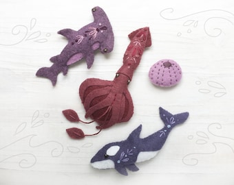 Criaturas do mar, animais de feltro, padrão de costura de pelúcia, download de PDF SVG, lula gigante, tubarão-martelo, baleia orca, enfeites de feltro
