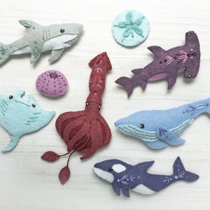 Sea Creatures Sewing pattern for 6 different Felt Animals, PDF, SVG Download, Shark, Whale, Squid image 1