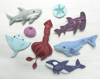 Sea Creatures Sewing pattern for 6 different Felt Animals, PDF, SVG Download, Shark, Whale, Squid