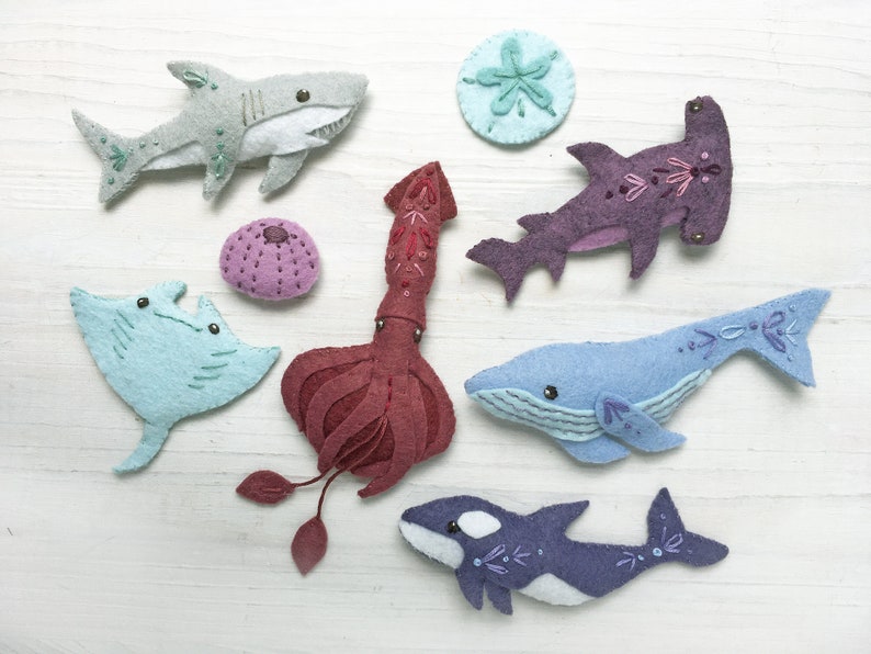 Sea Creatures Sewing pattern for 6 different Felt Animals, PDF, SVG Download, Shark, Whale, Squid image 1