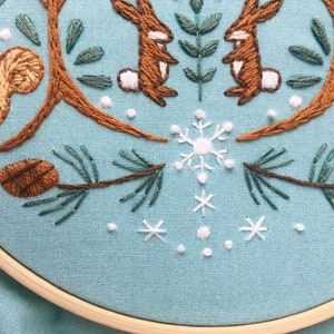 Winter Woodland Beginner Hand Embroidery color Sampler with printed fabric, Modern Embroidery Hoop Art image 8