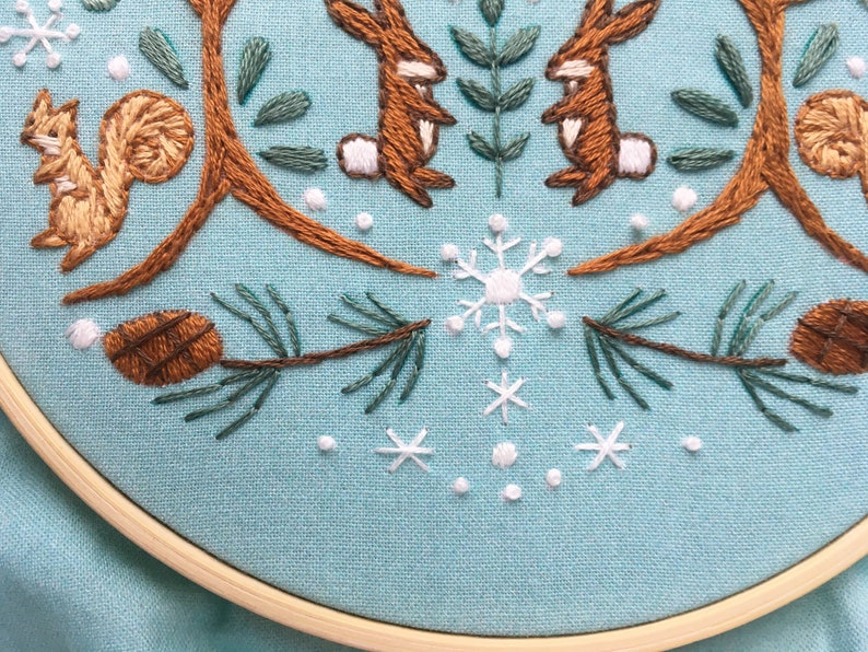 Winter Woodland Beginner Hand Embroidery color Sampler with printed fabric, Modern Embroidery Hoop Art image 8