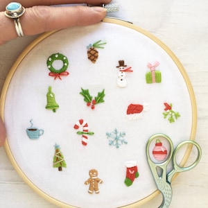 PDF Download Tiny Christmas Motifs Hand Embroidery Pattern, mini holiday DIY Ornament Embroidery Hoop Art