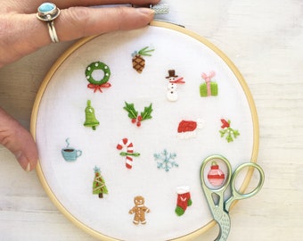 PDF Download Tiny Christmas Motifs Hand Embroidery Pattern, mini holiday DIY Ornament Embroidery Hoop Art