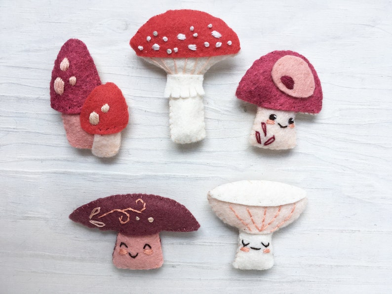 Felt Mushrooms PDF pattern download, SVG file, Plush Sewing Pattern for Ornaments, Baby Mobile, Finger Puppets image 1