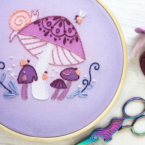 Purple Mushroom, ladybugs and snail Embroidery sampler, printed Hand Embroidery Hoop Art Design, DIY craft project