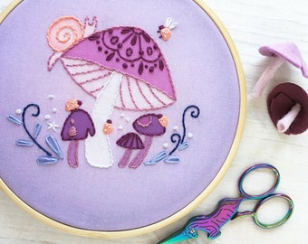 Purple Mushroom, ladybugs and snail Embroidery sampler, printed Hand Embroidery Hoop Art Design, DIY craft project