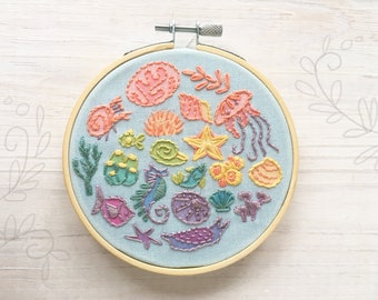 PDF download rainbow Sea Creatures Hand Embroidery pattern, sea life, ocean