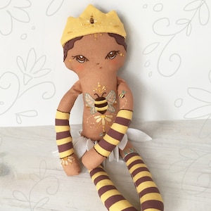 DIY Cut and Sew Sweet Bea doll with embroidery, cloth doll, embroidery sampler, craft kit, honey bumble bee, black girl doll