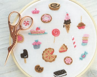 PDF Download Tiny Sweets Hand Embroidery Pattern, Embroidery Hoop Art, dessert, food designs