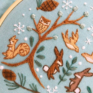Winter Woodland Beginner Hand Embroidery color Sampler with printed fabric, Modern Embroidery Hoop Art image 6