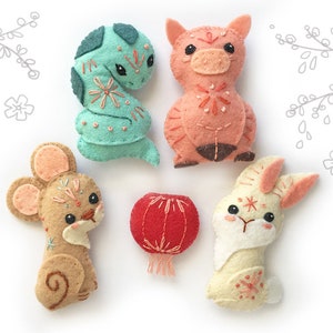 Felt Animals Plush Pattern, Chinese New Year, Plush Sewing Pattern SET 2, Felt Ornaments, Chinese Zodiac, Mobile, Pig, Mouse, Rabbit