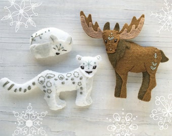 Winter Animals Plush Felt Sewing pattern for felt toys, Christmas ornaments, PDF Download, SVG files for cricut, silhouette