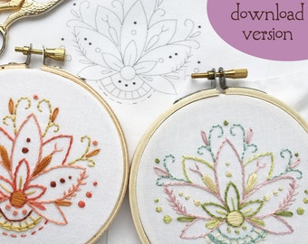 PDF download Mini Lotus Flower Hand Embroidery pattern, floral design, perfect for beginners